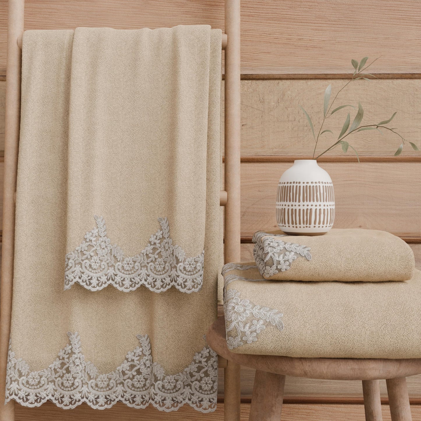 PETTI Artigiani Italiani - 100% Cotton Terry Bath Towels, 1+1 Towel Set, 2 Pieces, 1 Face Towel and 1 Hand Towel, Beige