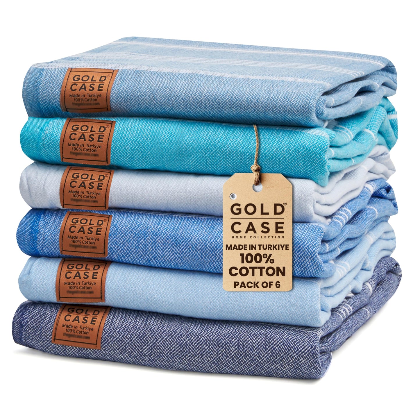 GOLD CASE - Set of 6 XXL 70x39 Inches - LYCIA Turkish Beach, Bath Towel - 100% Natural Cotton - Quick Dry, Space Saver Pestemal for Beach, Bathroom