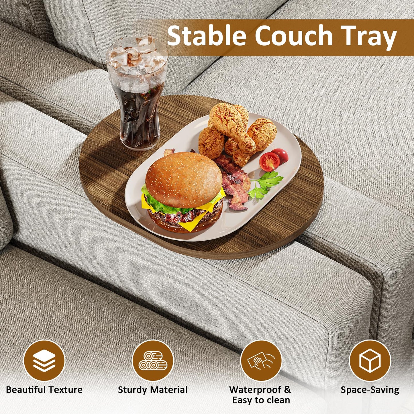 Asgolion Sofa Tray, 40 x 32 cm, Insert & Flat Sofa Organiser, Rustic Brown