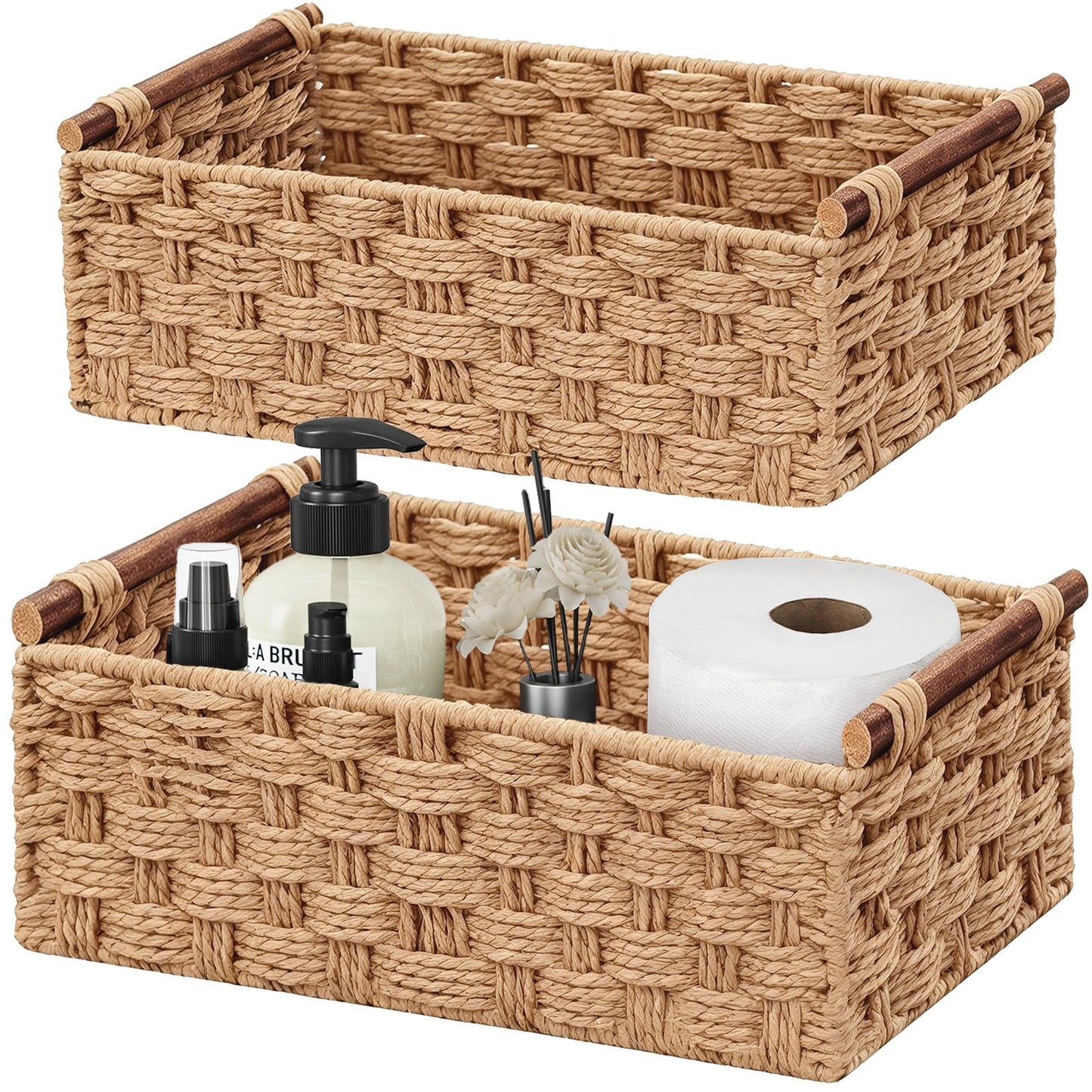 Vagusicc Wicker Storage Basket with Handle, Set of 2 Handwoven Paper Rope Storage Basket for Shelves