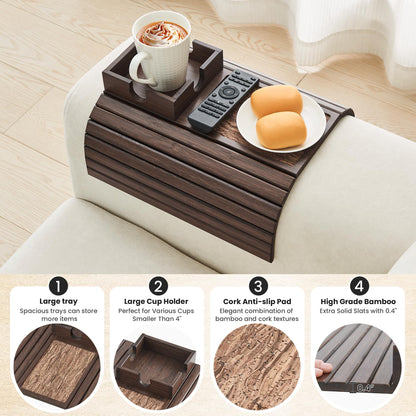 LOVYANXUE Bamboo Sofa Arm Tray Table, Foldable Couch Cup Holder, Anti-Slip Wide Couch Arm Tray Aremrest Table for Drink, Cup, Remote, Snacks