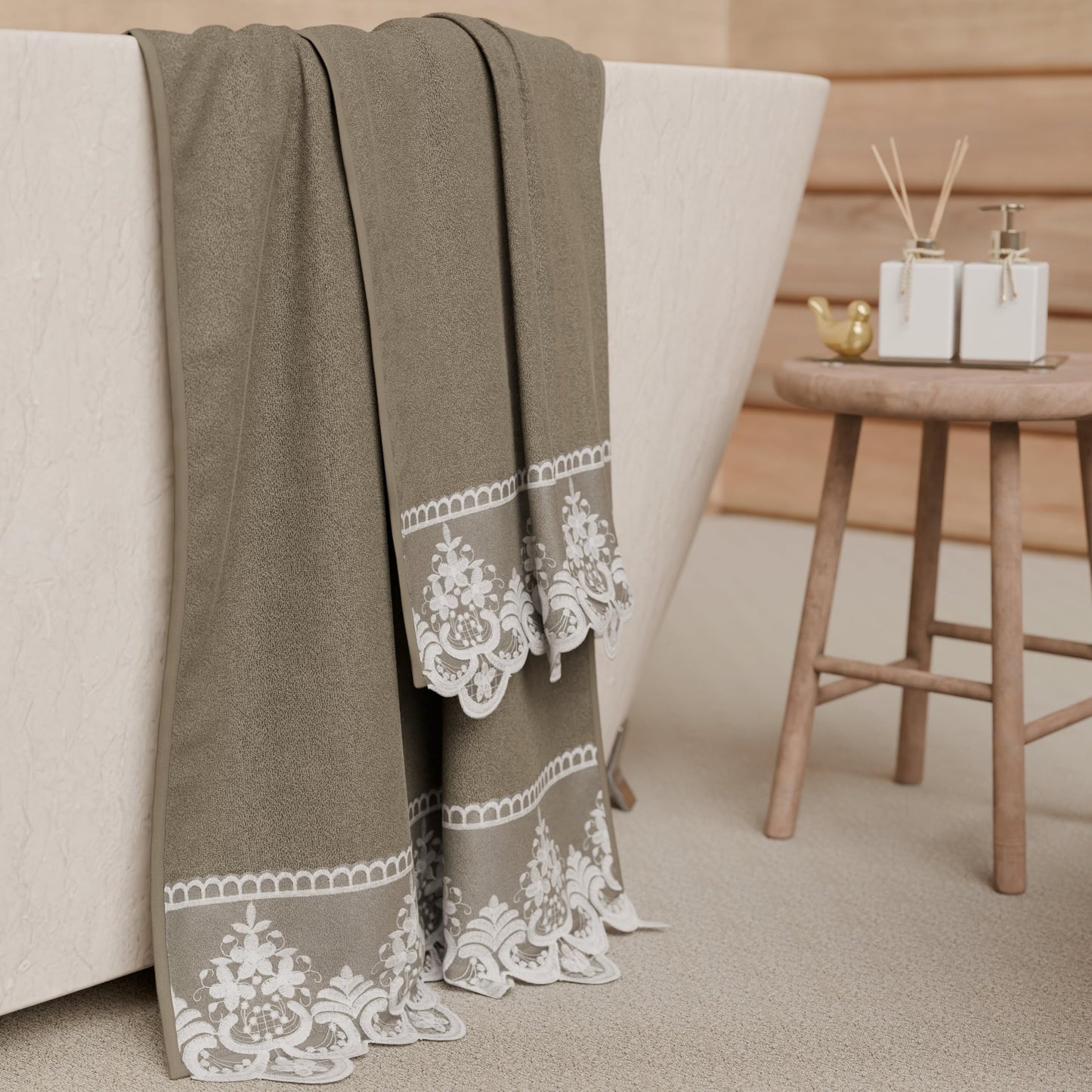 PETTI Artigiani Italiani - 100% Cotton Terry Bath Towels, 1+1 Towel Set, 2 Pieces 1 Face Towel and 1 Hand Towel, Mud