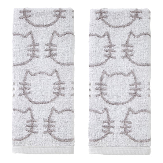 SKL Home Cat Hand Towel 2pc Set for Bath/Kitchen/Bar & Gift, White/Gray