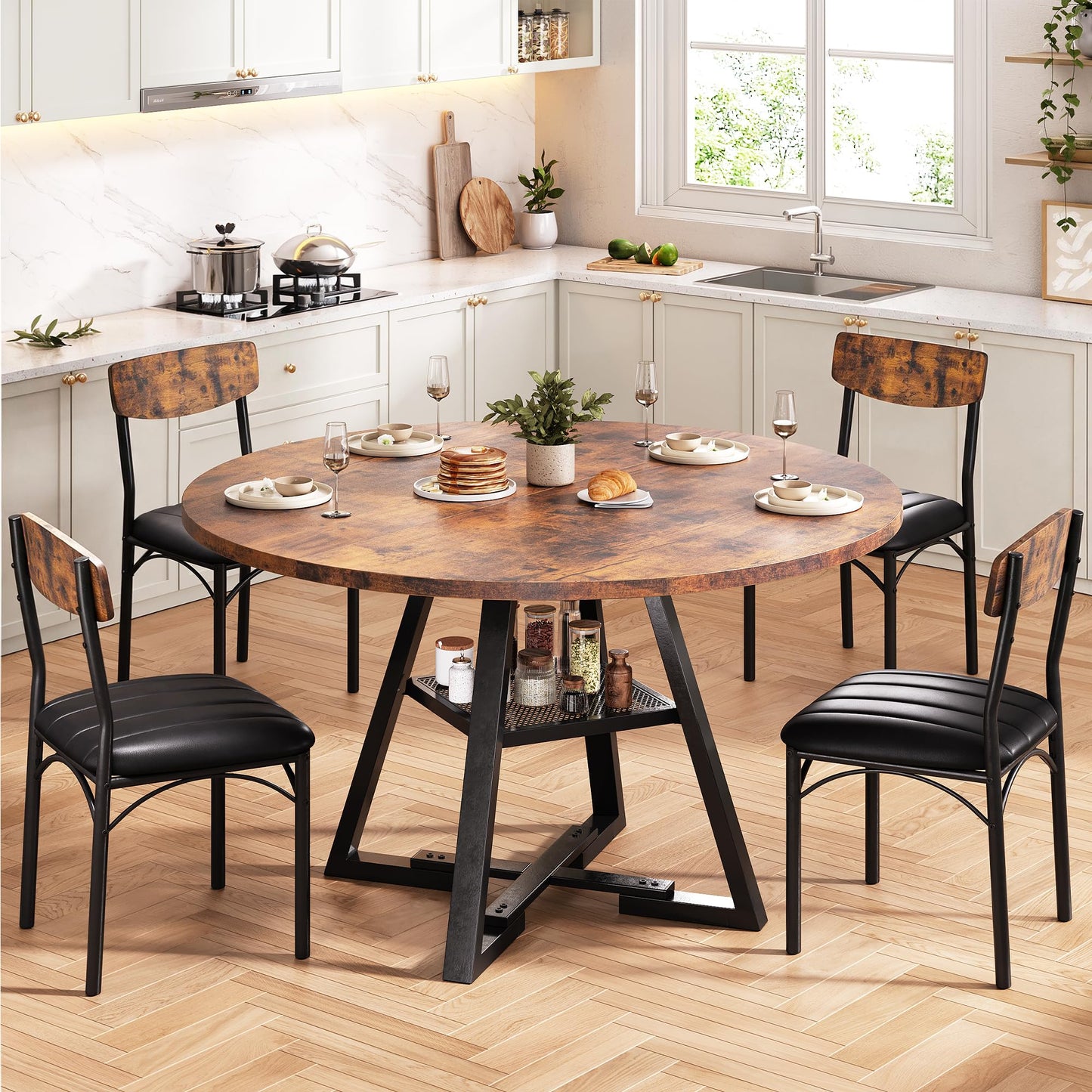 Jocoevol Round Dining Table and 4 Chairs Set of 4, Circle Dinner Table with Shelves, Space Saving Wood Kitchen & Dining Room Furniture