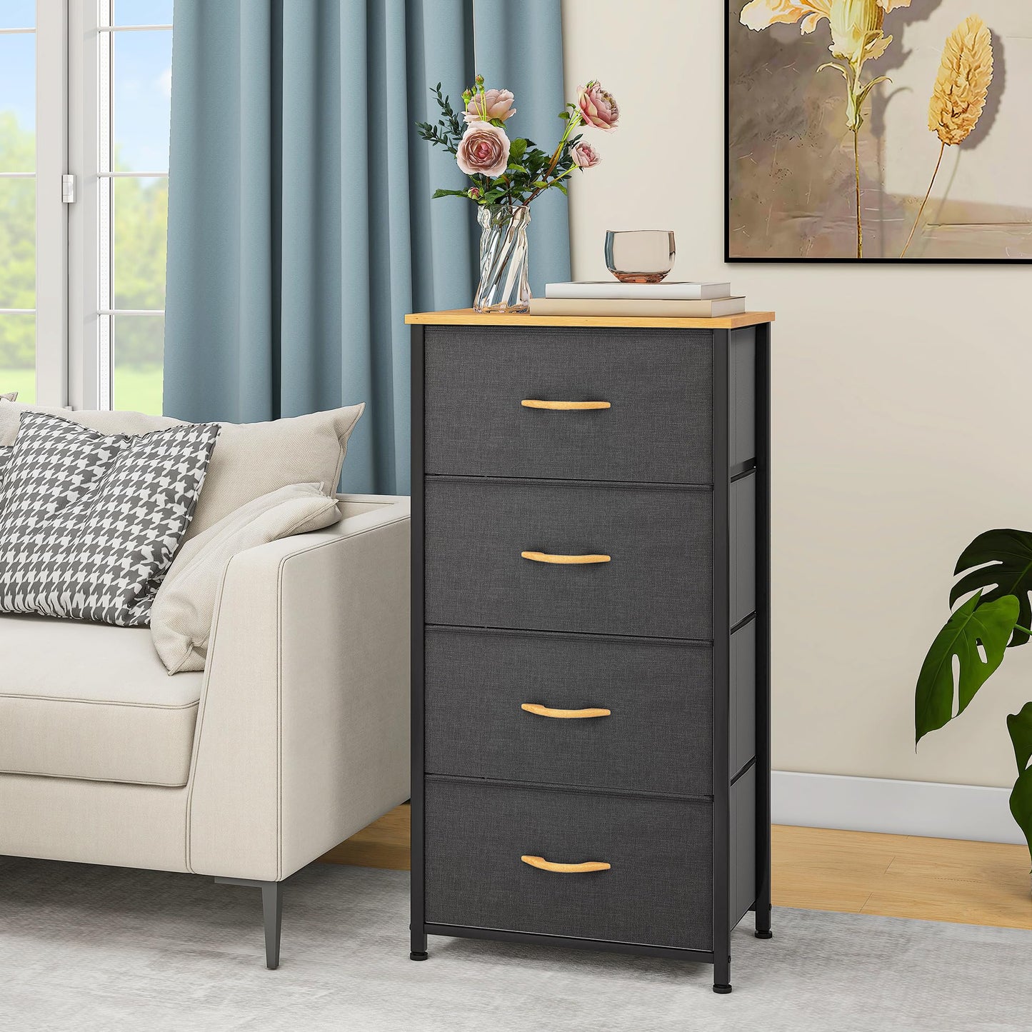 DWVO Chest of Drawers, 4 Fabric Drawers Bedroom Cabinet,Dresser for Bedroom,Living Room With Handles,Wood Top and Sturdy Steel Frame, Dark Grey