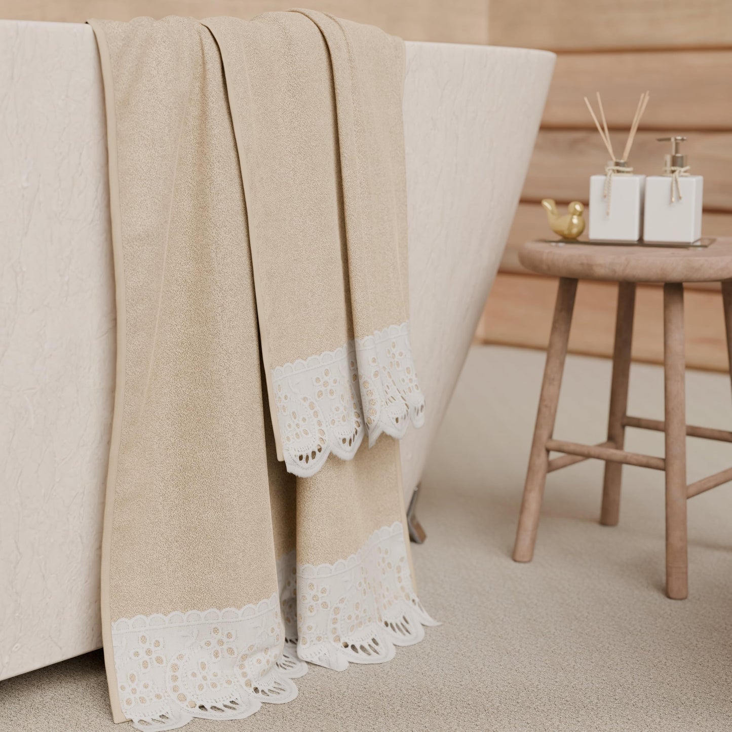 PETTI Artigiani Italiani - 100% Cotton Terry Bath Towels, 1+1 Towel Set, 2 Pieces, 1 Face Towel and 1 Hand Towel, Beige