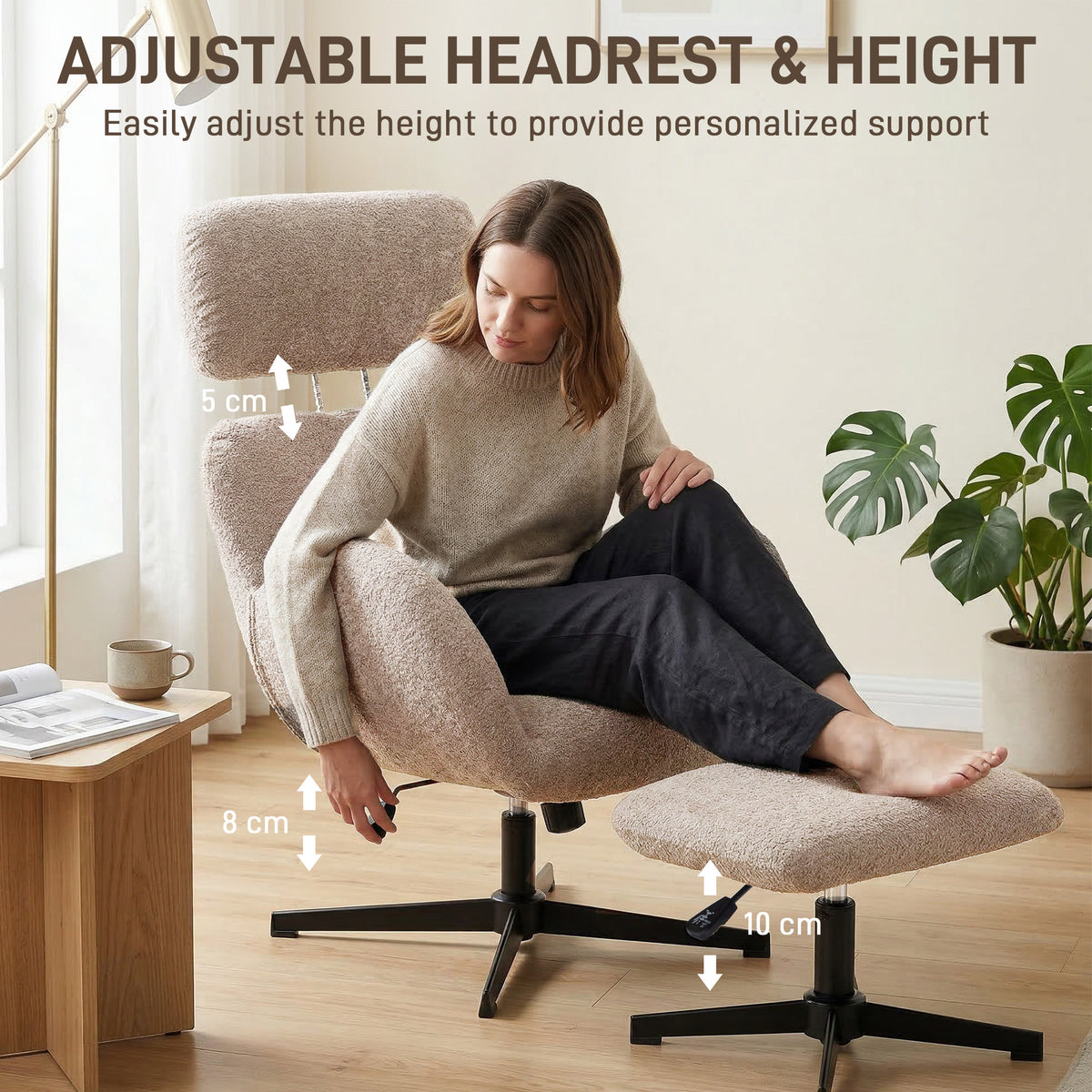 HOMCOM Swivel Armchair and Footstool Set, Height Adjustable Accent Chair with Adjustable Headrest, Rocking Function, Light Brown