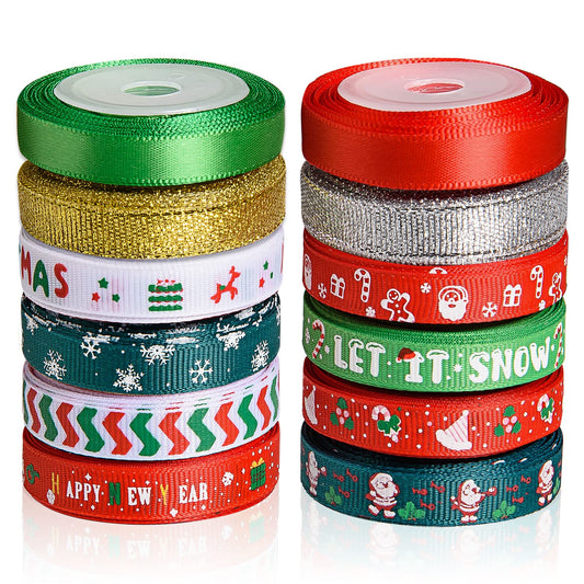 SANNIX 12 Rolls 60 Yard Christmas Ribbon for Gift Wrapping, 3/8 Inch Snowflake Santa Christmas Wrapping Ribbon Printed Grosgrain Satin Holiday Ribbons