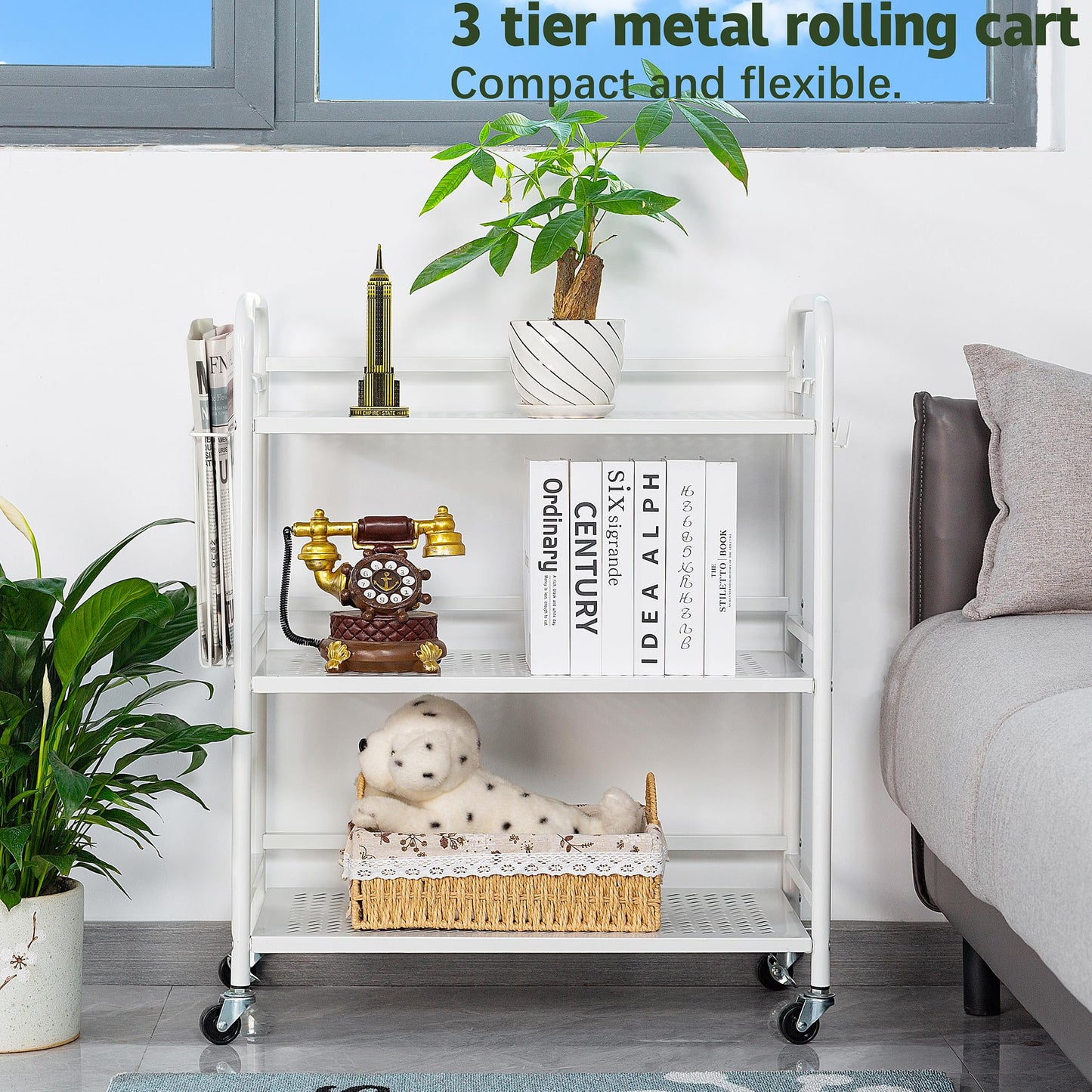HDANI Serving Trolley,3-Tier Metal Trolley,White,Mesh with Basket