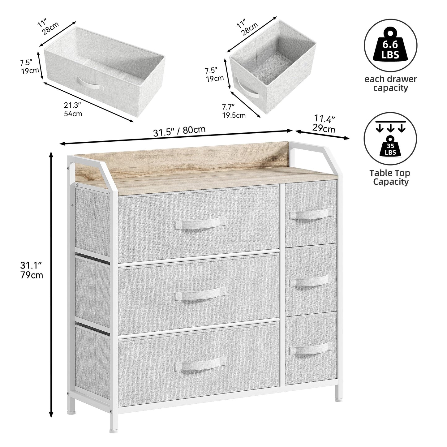 DWVO Chest of Drawers,Fabric Chest of Drawers Bedroom Cabinet with 6 Drawers,Dresser for Bedroom,Living Room With Handles,Wood Top and Sturdy Steel