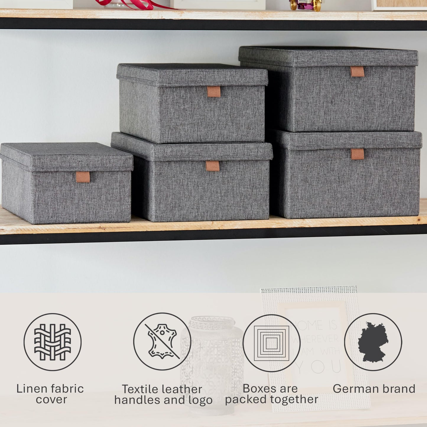 LOVE IT STORE IT Premium Storage Box with Lid Fabric 5 Pieces - Linen Stacking Boxes - Reinforced with Cardboard - Grey - Set of 5, Various Sizes