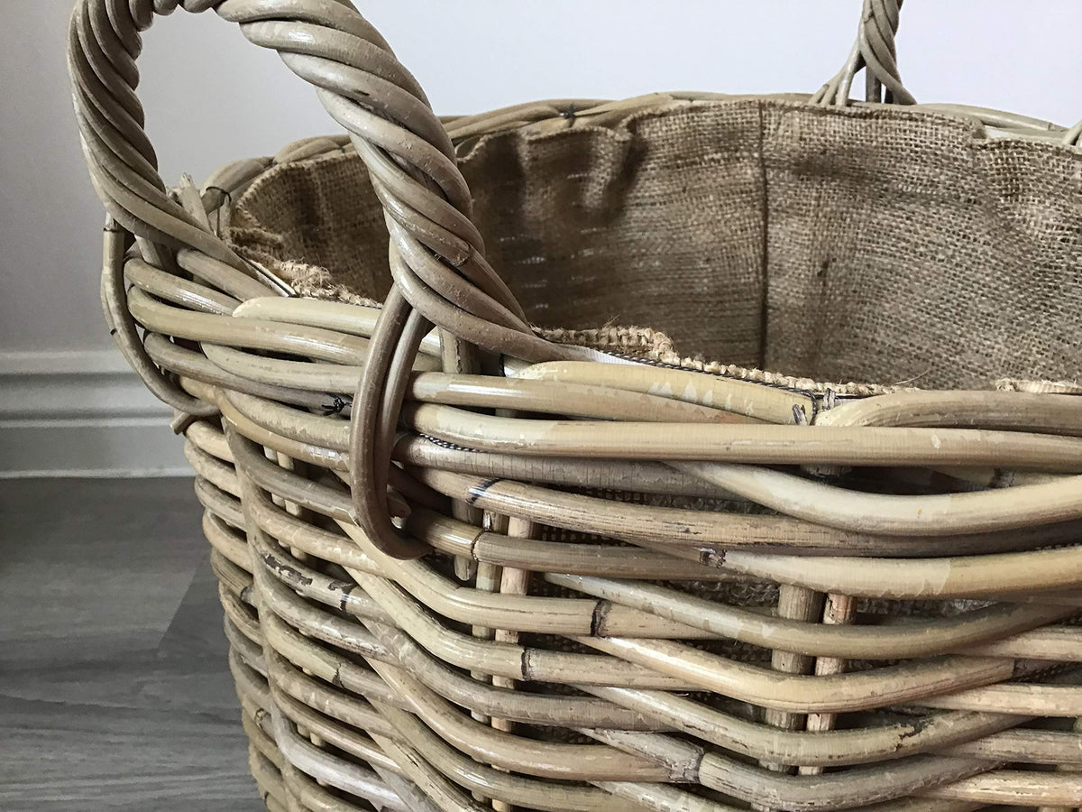 Round Kindling/Storage Basket, Hessian Lined, Excellent Quality, Very Strong Kuba Rattan Small