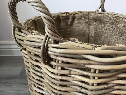 Round Kindling/Storage Basket, Hessian Lined, Excellent Quality, Very Strong Kuba Rattan Small