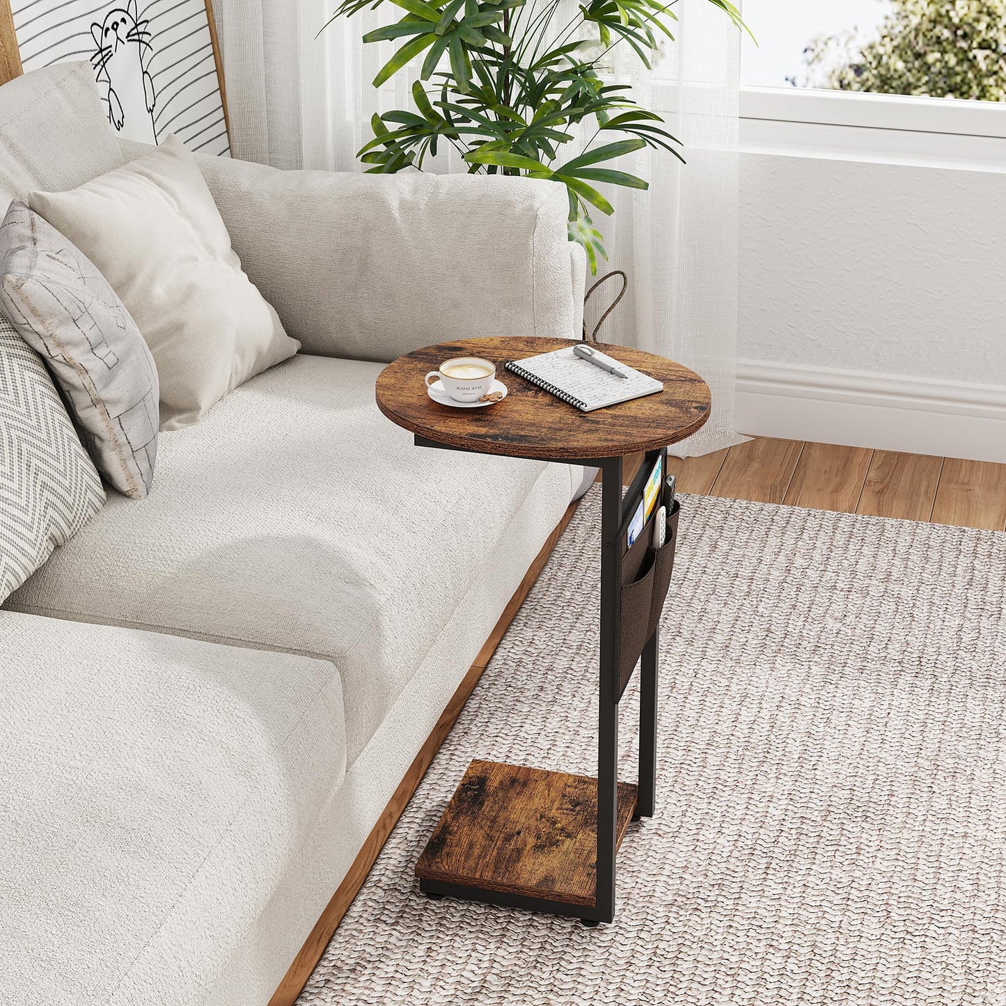 Vagusicc C Shaped End Table, Small Couch Side Tables with Metal Frame that Slide Under Sofa Table TV Tray for Living Room, Bedroom, Rustic Brown