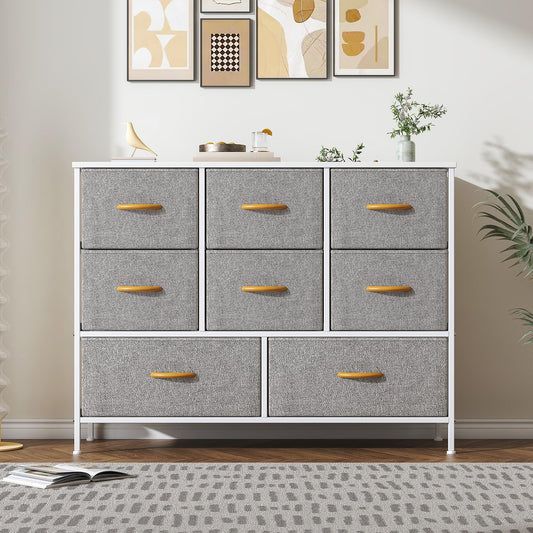 Feonase Chest of Drawers,Bedroom Dresser with 8 Fabric Drawers, Metal Frame & MDF Wood Top, Adjustable Feet, Storage Organizer Unit for Bedroom,