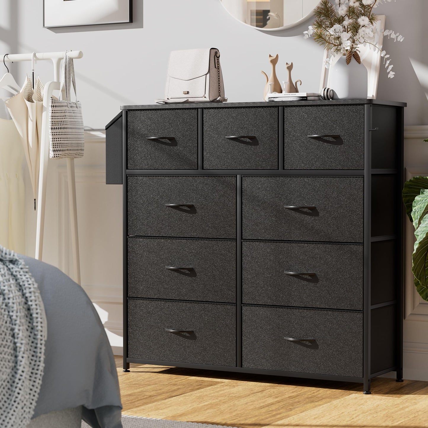 PURFINO Fabric Chest of Drawers - Canvas Storage Unit with 9 Drawers, Label Cards, Side Pocket & Hook for Living Room, Hallway, Bedroom