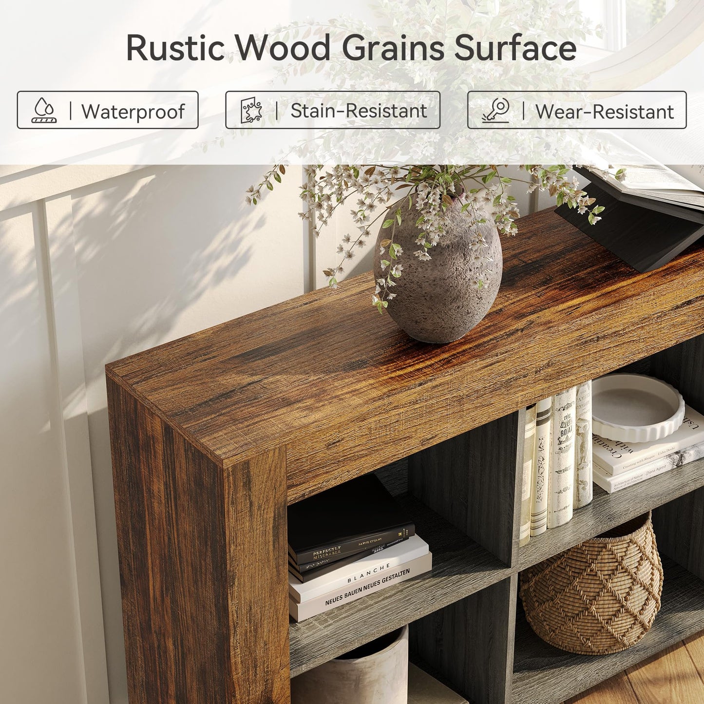 LITTLE TREE Console Table with Storage, 63-Inch Narrow Long Sofa Table, Entryway Table with 6 Cubes, Farmhouse Storage Shelves for Entryway