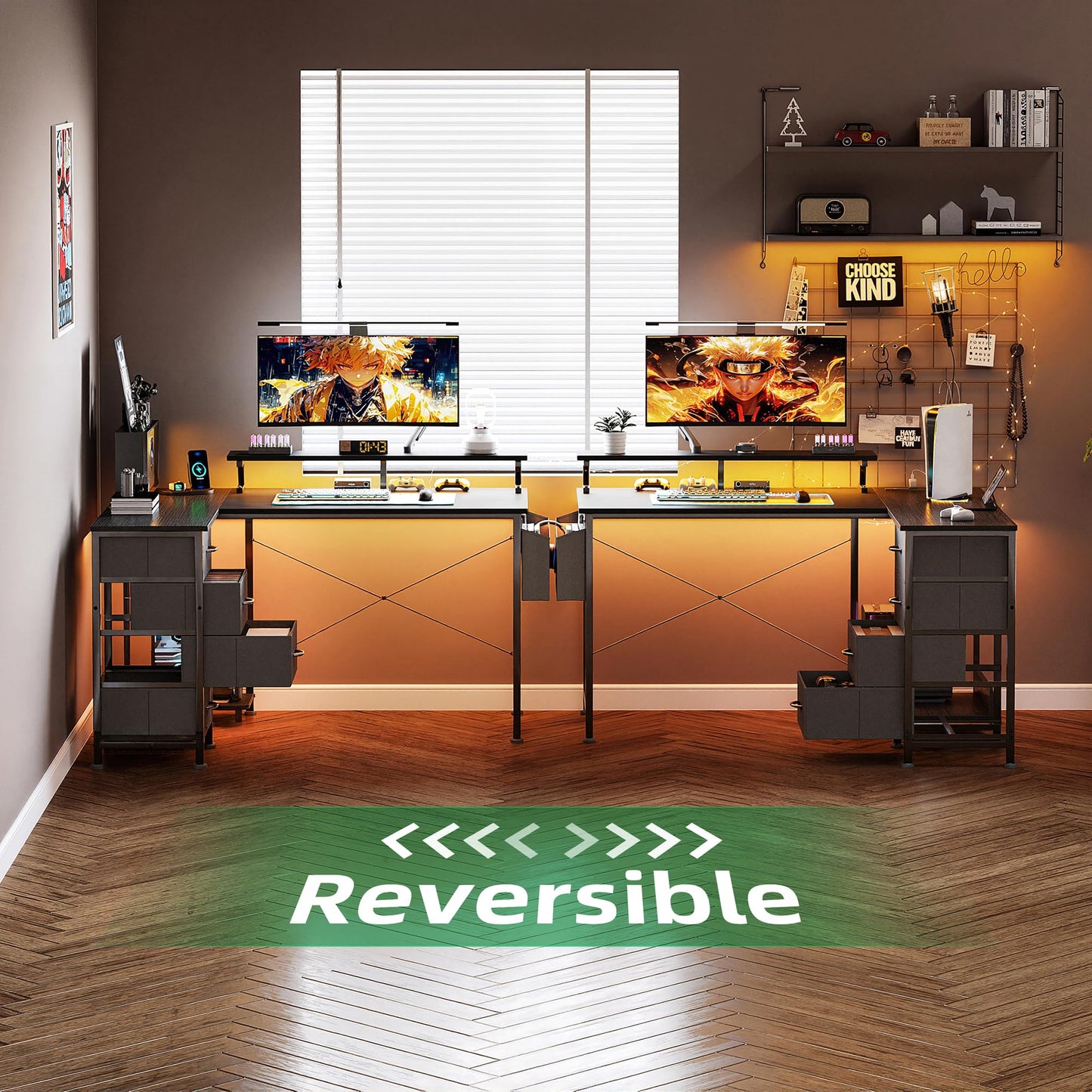 VERMESS Corner Desk with 4 Drawers, L Shaped Computer Desk with LED Lights & Power Outlets