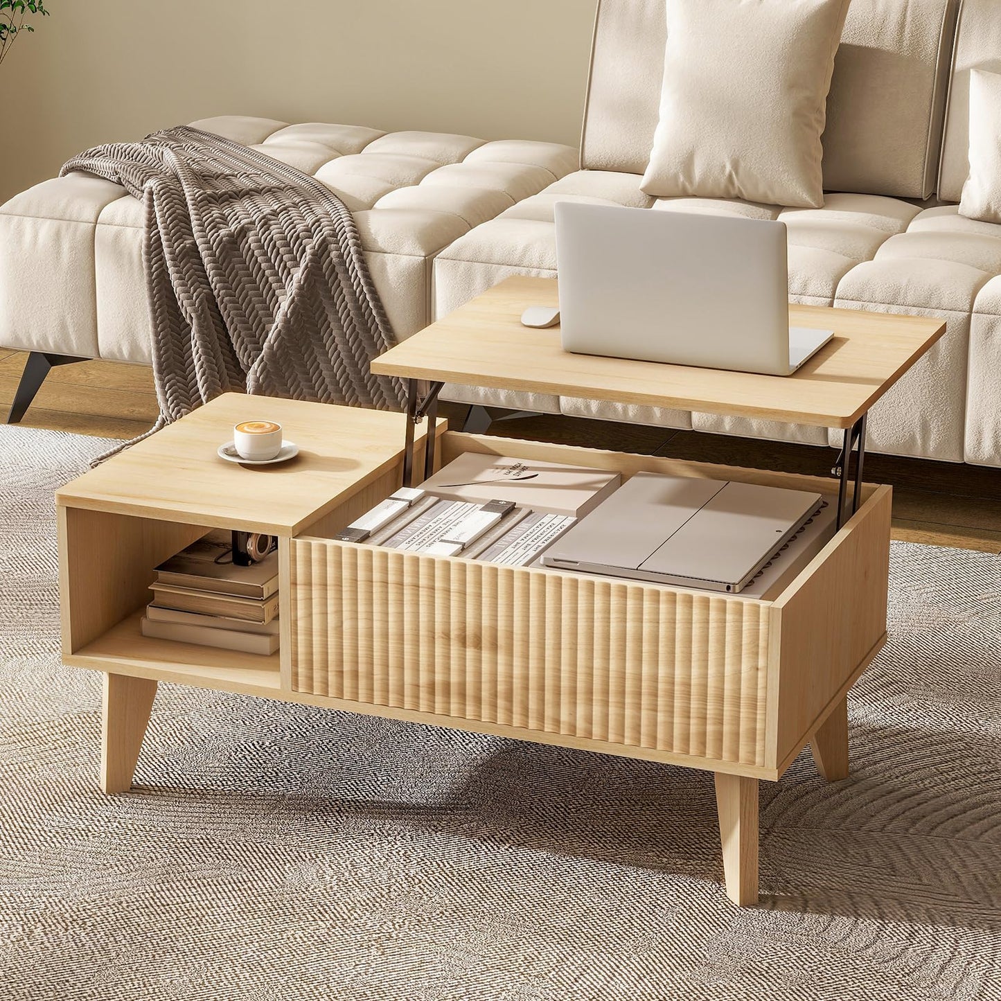 LYNCOHOME Lift Up Coffee Table, Modern Oak Coffee Tables for Living Room, Square Coffee Table with Hidden Storage,Extendable Tabel,Wooden,Home