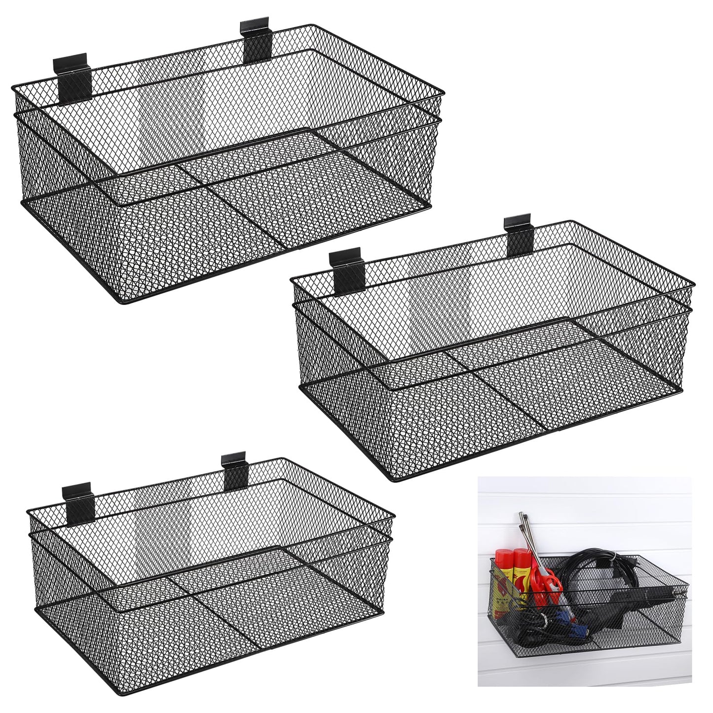 IGNPION Set of 3 Slatwall Storge Baskets, Metal Wire Slat Wall Panel Storage Bins, Garage SlatWall System Accessories Hanging Baskets