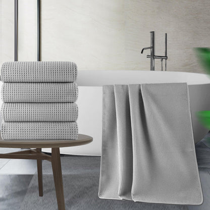 POLYTE Microfibre Oversize Quick Dry Lint Free Bath Towel, 152 x 76 cm, 4 Pack (Light Grey, Waffle Weave)