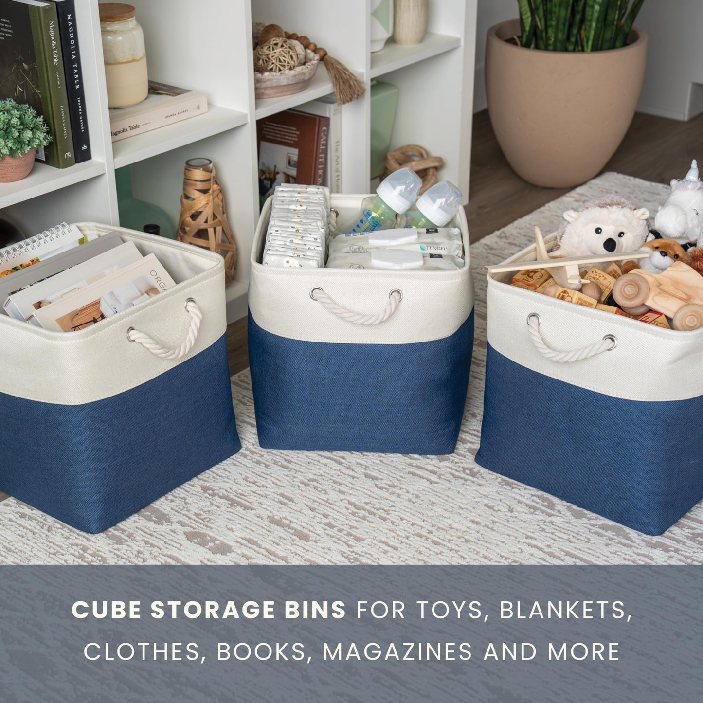 OrganiHaus Fabric Storage Boxes, Set of 3 Foldable 33X33 Cube Organiser Bins with Rope Handles for Shelves, Nursery & Closet