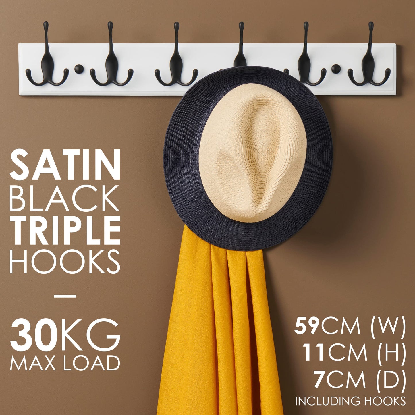 LARHN White Wall-Mounted Coat Rack - 6 Black Coat Hooks, 59cm