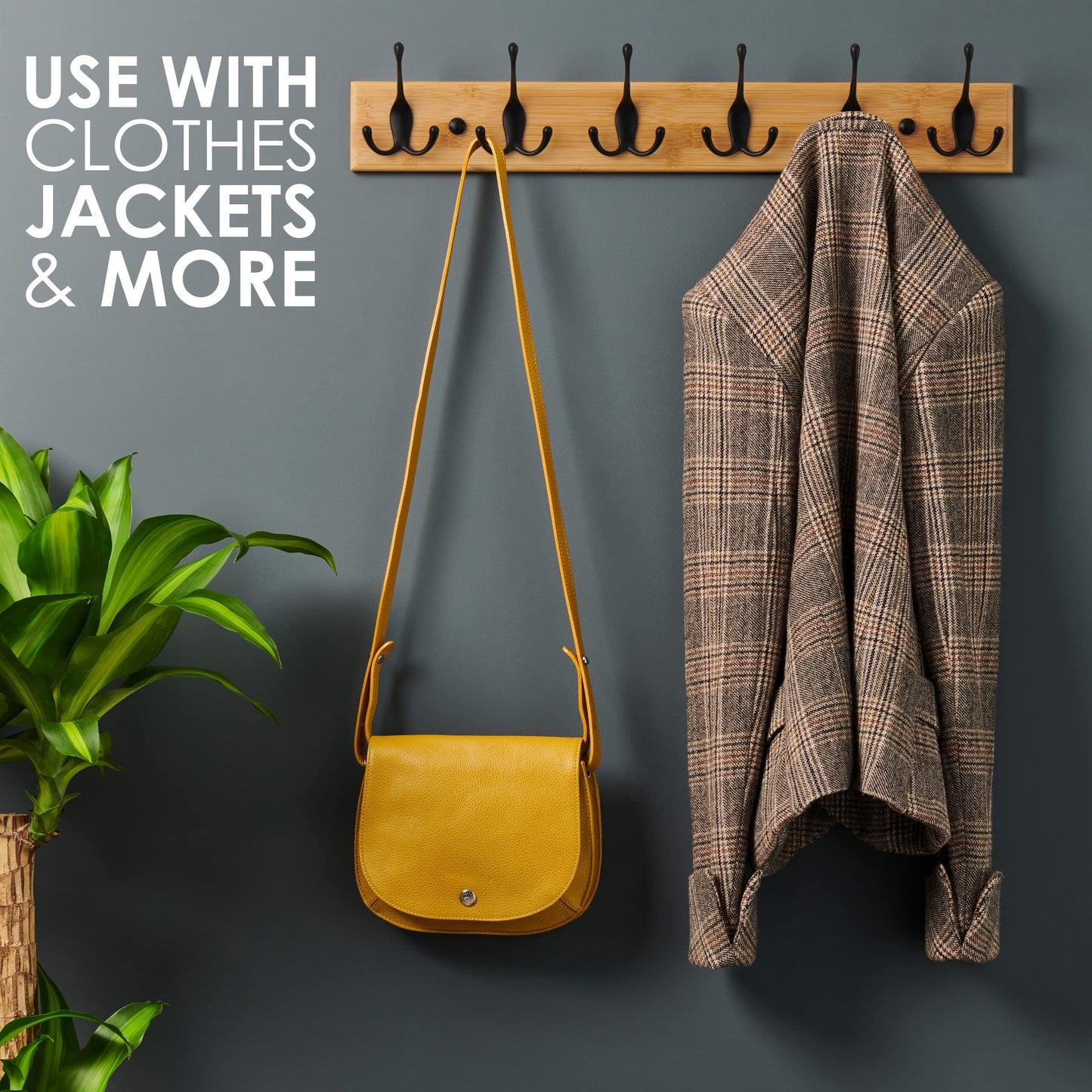 LARHN Wooden Wall-Mounted Coat Rack - 6 Black Coat Hooks, 59cm