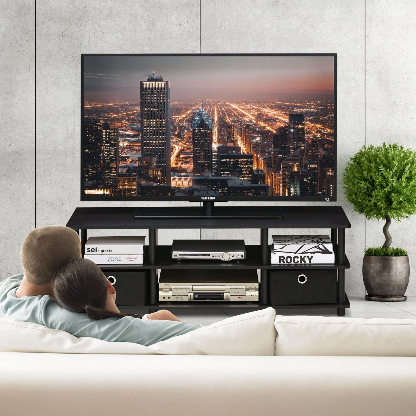 Furinno Econ TV Entertainment Center with Storage Bins, Espresso/Black