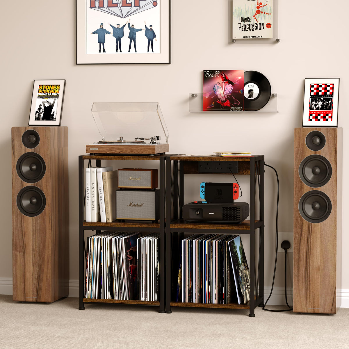 HFHOME Vinyl Record Storage with Charging Station, 3 Tier Side Table Living Room Cabinet, able with Storage, Turntable Stand in Living Room, Bedroom