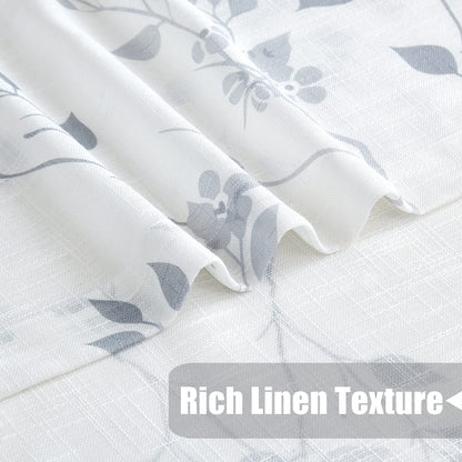Beauoop Grey Semi Sheer Floral Curtains for Living Room 90 Drop Linen Textured Farmhouse Curtains for Bedroom Leaf Printed Eyelet Rustic Drapes Window