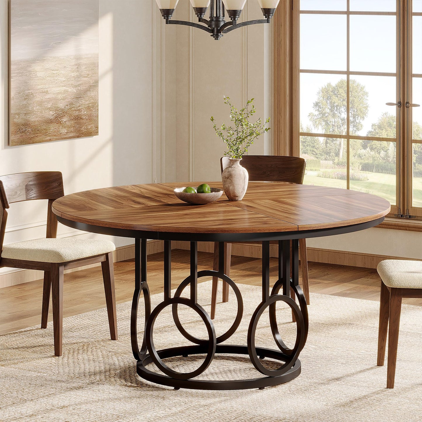 Tribesigns 47-Inch Round Dining Table, Wood Kitchen Table with Sturdy Metal Base for 4-6 People, Large Circle Dinner Table for Dining Room, Kitchen