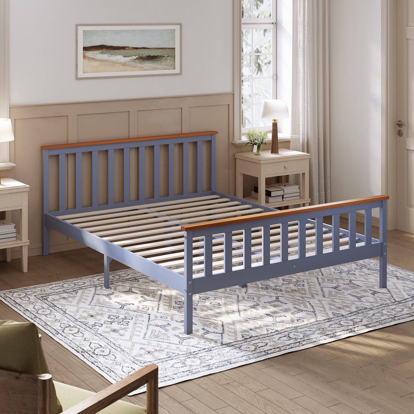 ELEGANT King Solid Wood Bed Frame with Slatted Headboard 5ft, 150x200cm