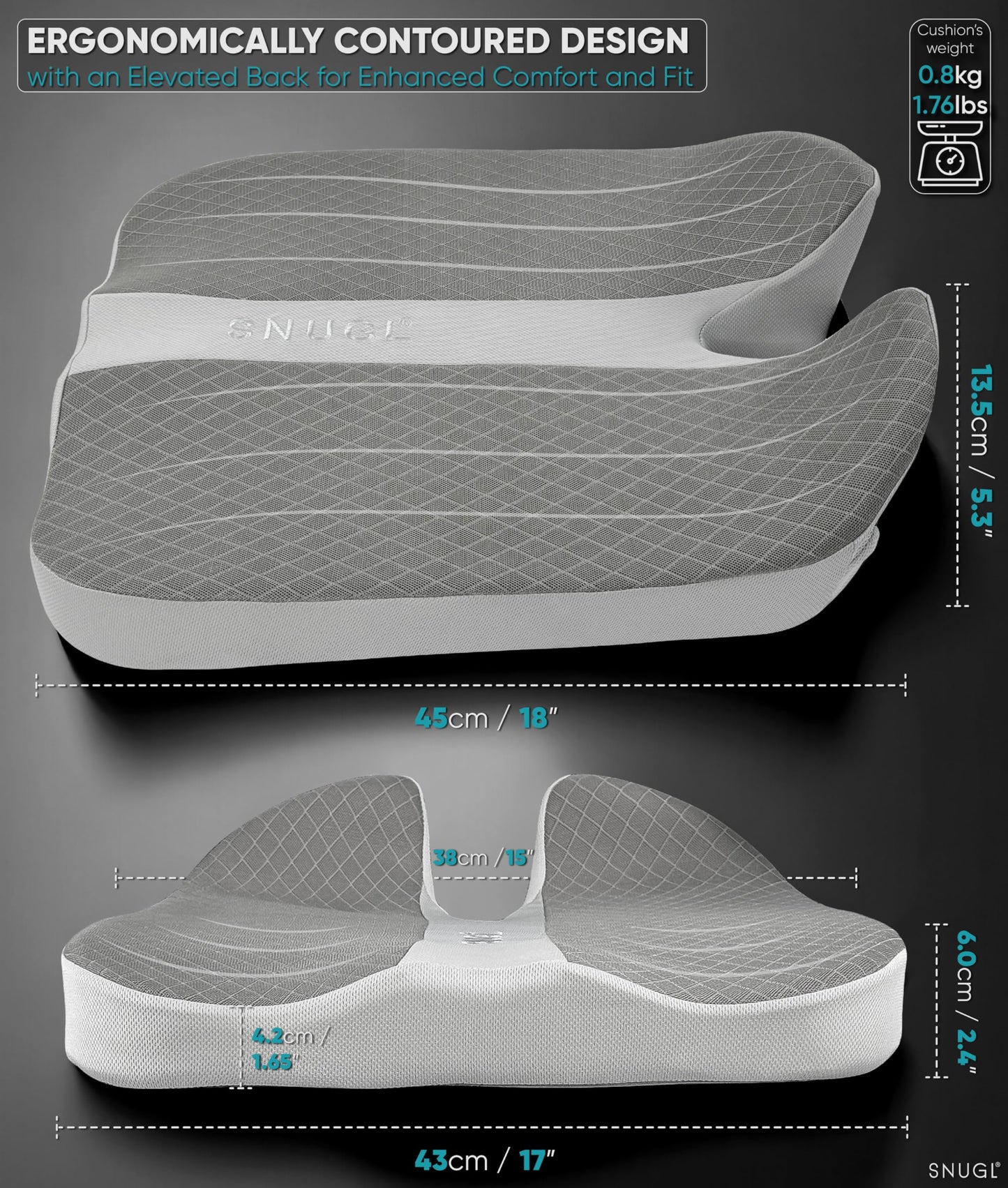 SNUGL Memory Foam Seat Cushion - Ergonomic Coccyx Cushion for Sciatica Pain Relief, Perfect for Car Seat, Office Chair, Gaming and More