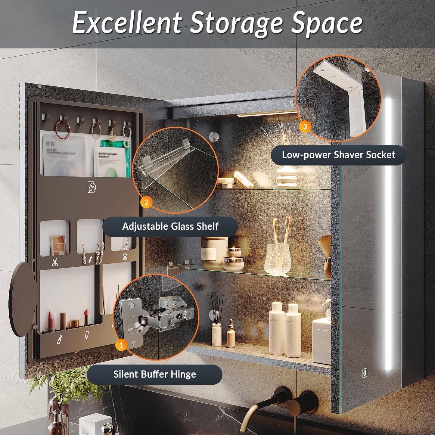 ELEGANT Bathroom Mirror Cabinet with LED Lights & Shaver Socket, 700x650mm