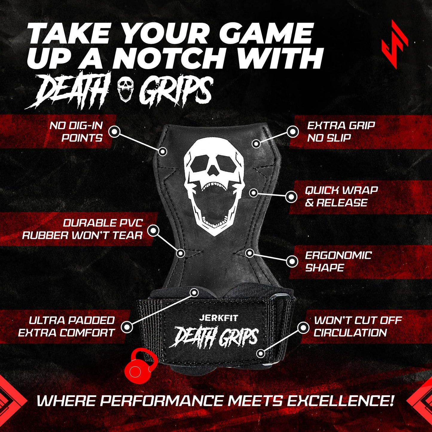 JerkFit Death Grips Pair - Premium Lifting Straps, Car Tire Grade Rubber PVC Wrist Straps for Shrugs, Pull Ups - Weight Lifting Straps with Neoprene