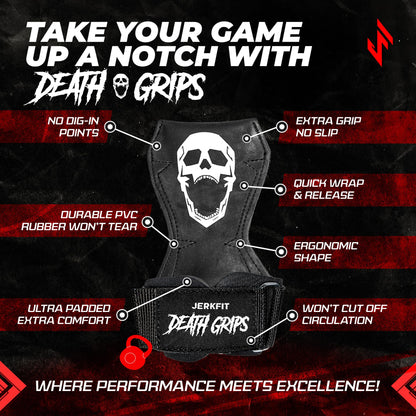 JerkFit Death Grips Pair - Premium Lifting Straps, Car Tire Grade Rubber PVC Wrist Straps for Shrugs, Pull Ups - Weight Lifting Straps with Neoprene