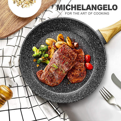 MICHELANGELO Frying Pan with Lid 28cm, Non Stick Frying Pan 28cm with Bakelite Handle, Frying Pan with Stone-Derived, Induction Frying Pan 28cm