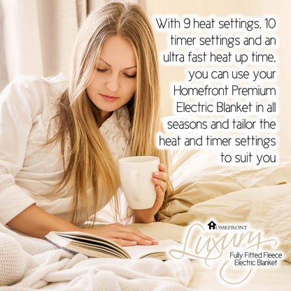 Homefront Electric Blanket King Size Bed Dual Control - 152x203x40cm - Fleece Fitted Heated Mattress Cover Underblanket with Skirt - Overheat