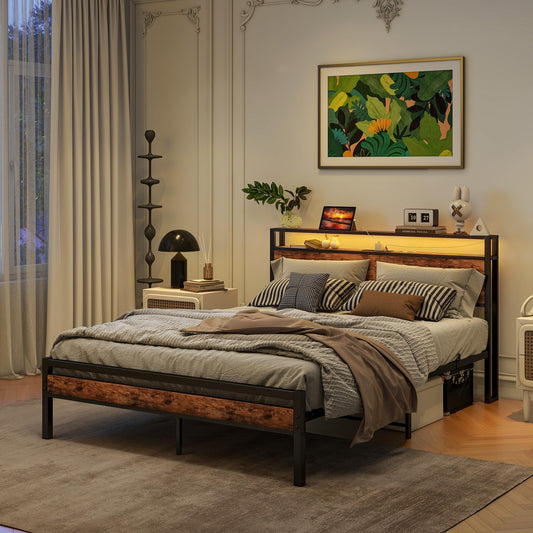 BORPHOM King Size Bed Frame with Storage and LED Lights,Charging Station,Metal Bed Frame King size Bed Base,Mattress Foundation,UnderBed