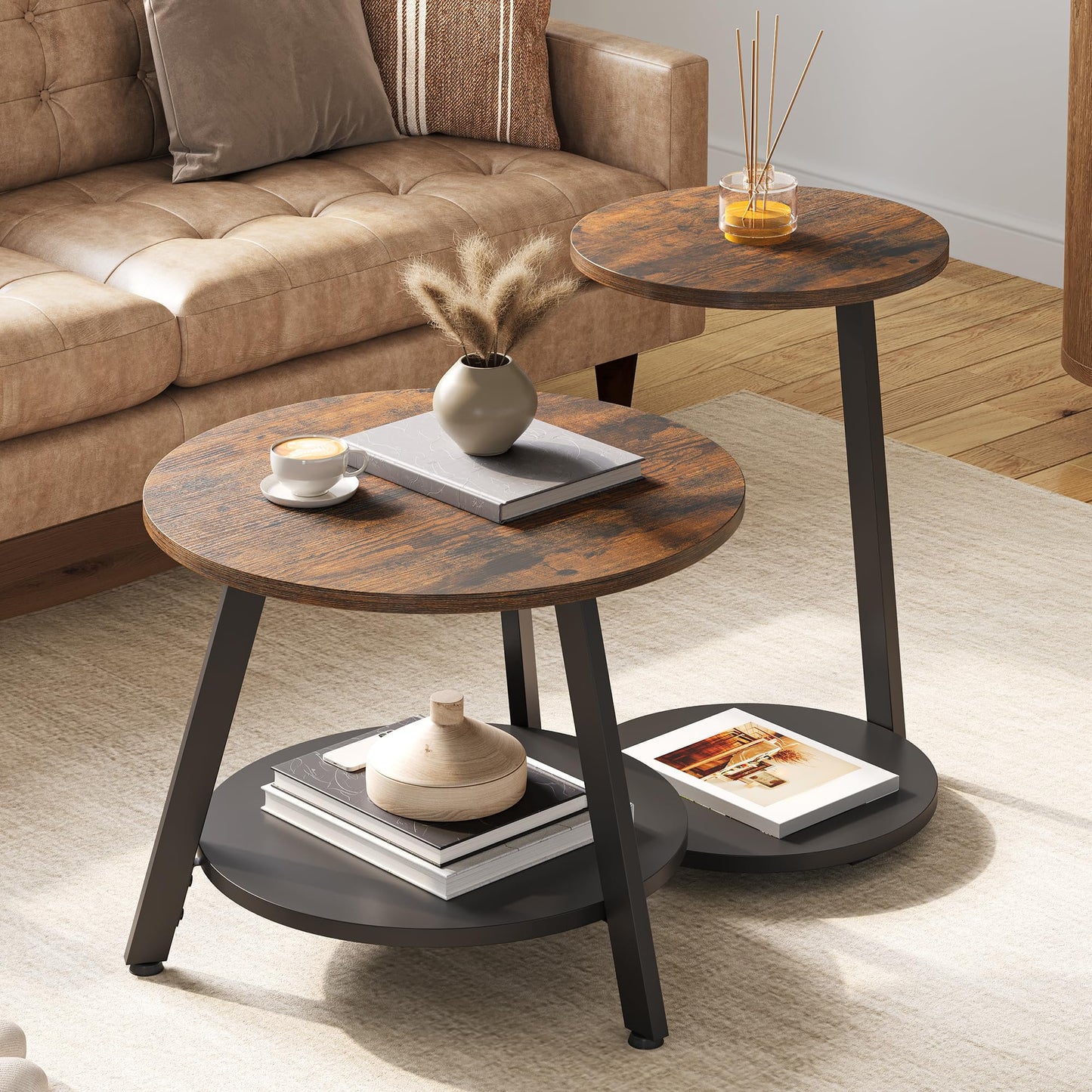 YITAHOME Round Coffee Tables, Set of 2 Nesting Tables with Storage Space and Unified Style Design, Small Coffee Tables for Living Room