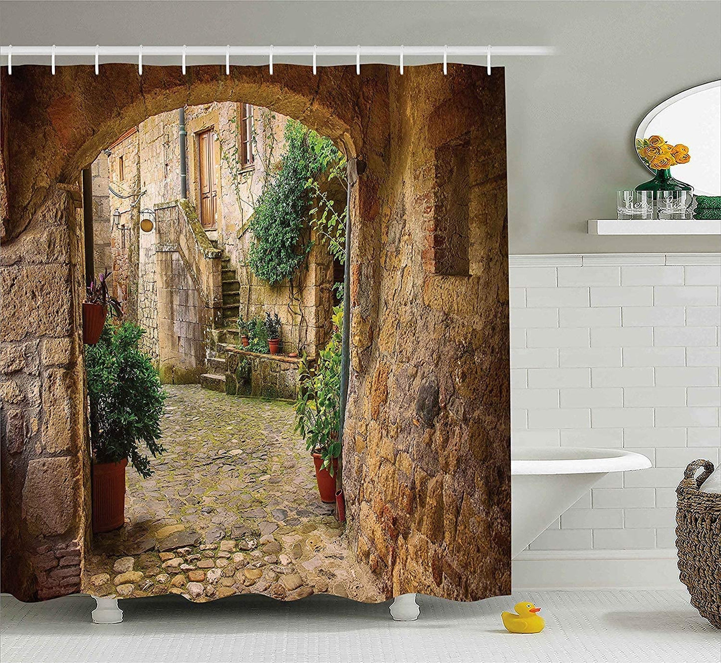 Abaysto Shower Curtain Landscape from Another Door Antique Stone Village Tuscany Italian Valley Scenery Decor Waterproof Fabric Bathroom Bathtub
