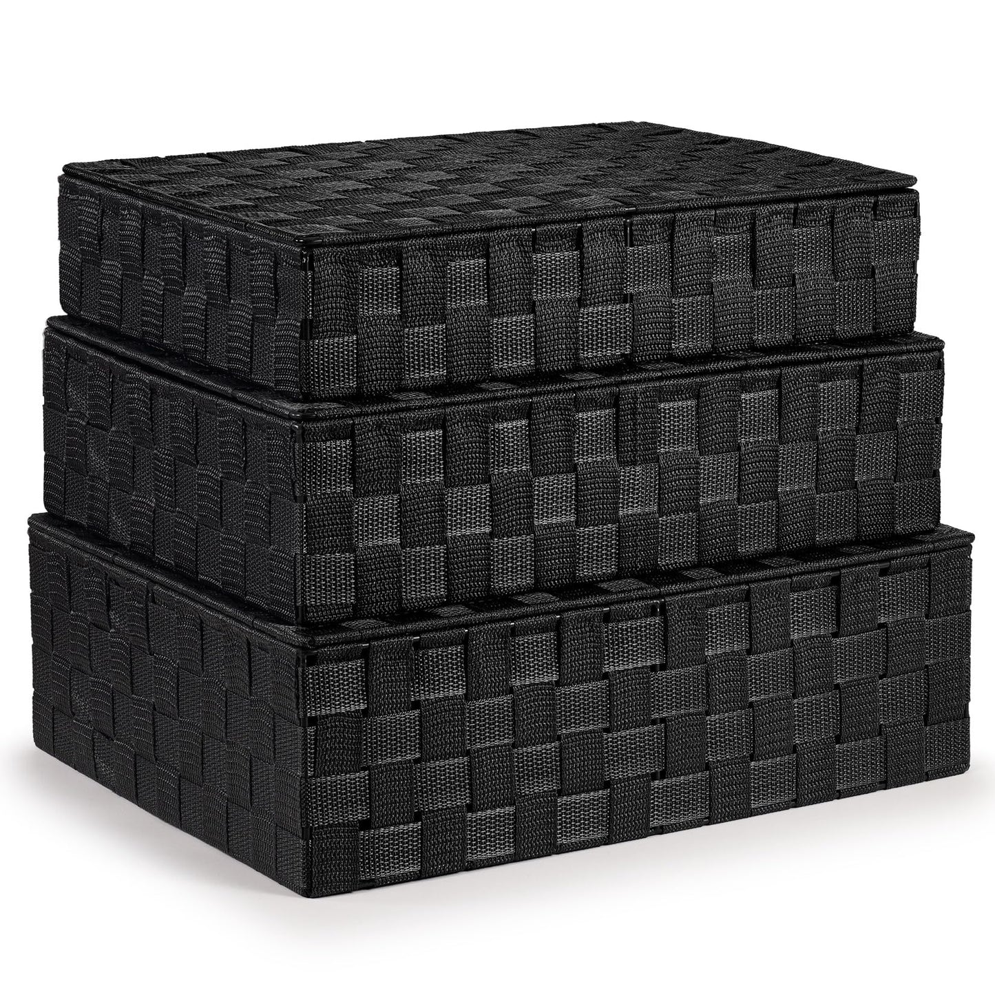 EHC Storage Boxes With Lid Set of 3, Storage baskets for shelves Woven, Storage Organiser Hamper Baskets, Black
