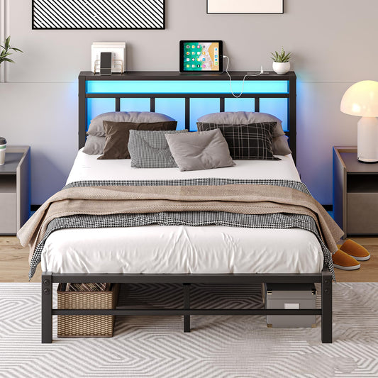 VECOCHO 4ft6 Double Bed Frame with Storage Headboard and Charging Station,Metal Bed Frame Double Bed with LED Lights,Strong Steel Slats
