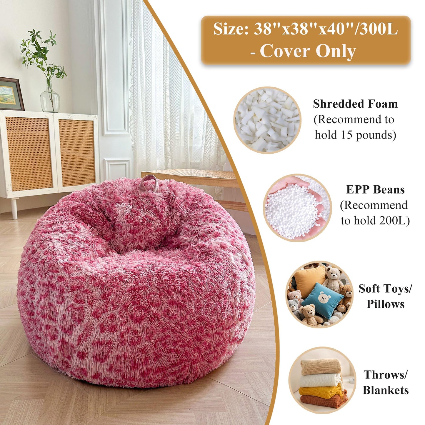 XeGe Faux Fur Leopard Print Bean Bag Chair Cover(No Filler), Cheetah Pink