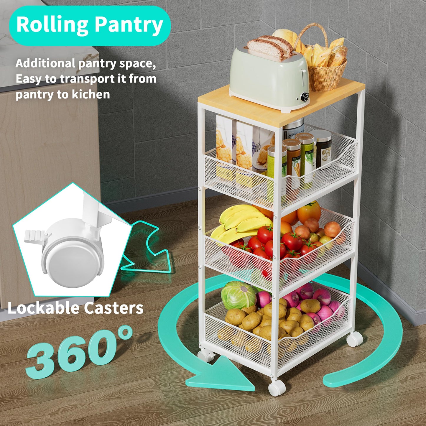 HapiRm Fruit Basket Kitchen Cart - 4-Tier Kitchen Storage Trolley on Wheels