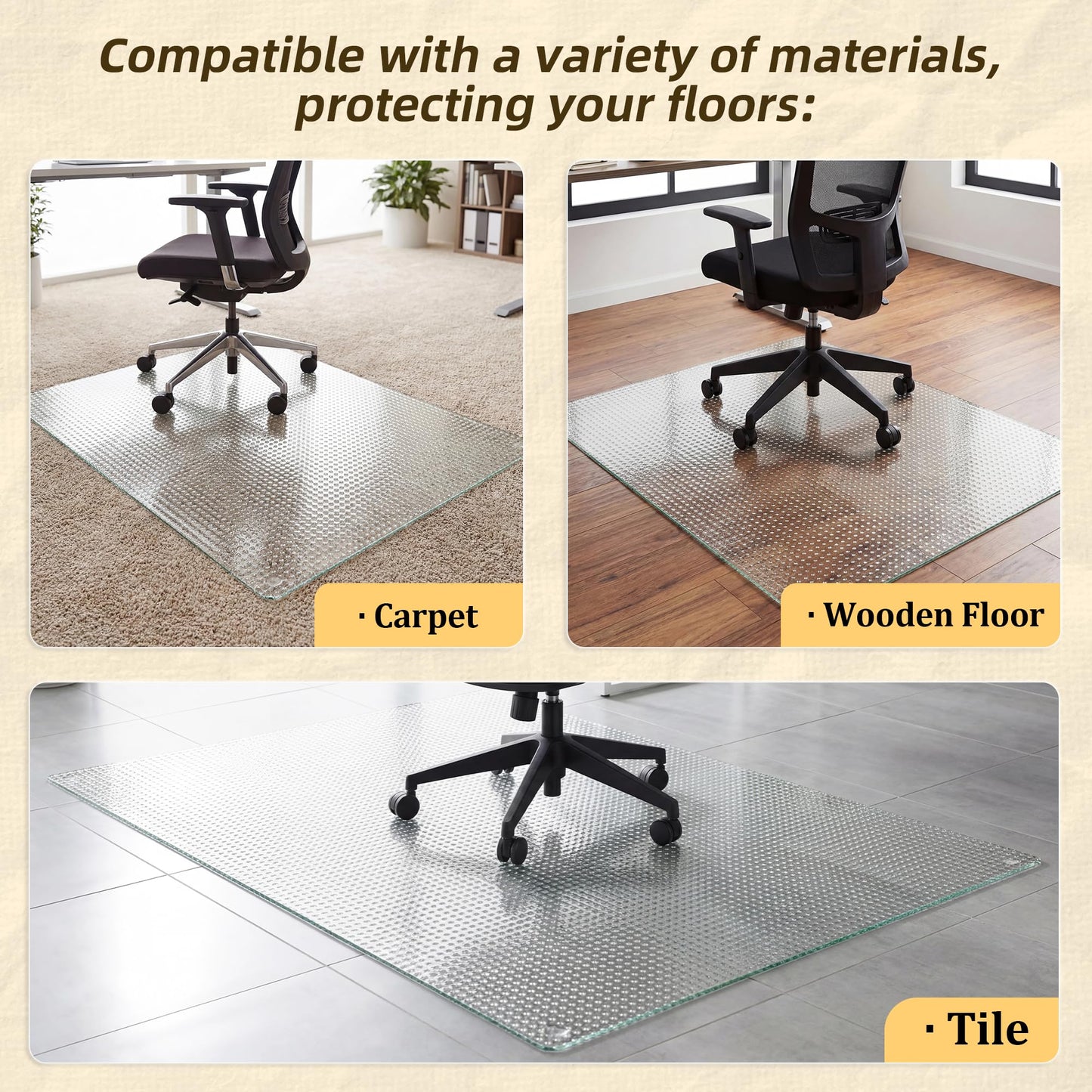 Koonmi Tempered Glass Chair Mat, 116 x 90 cm, Textured