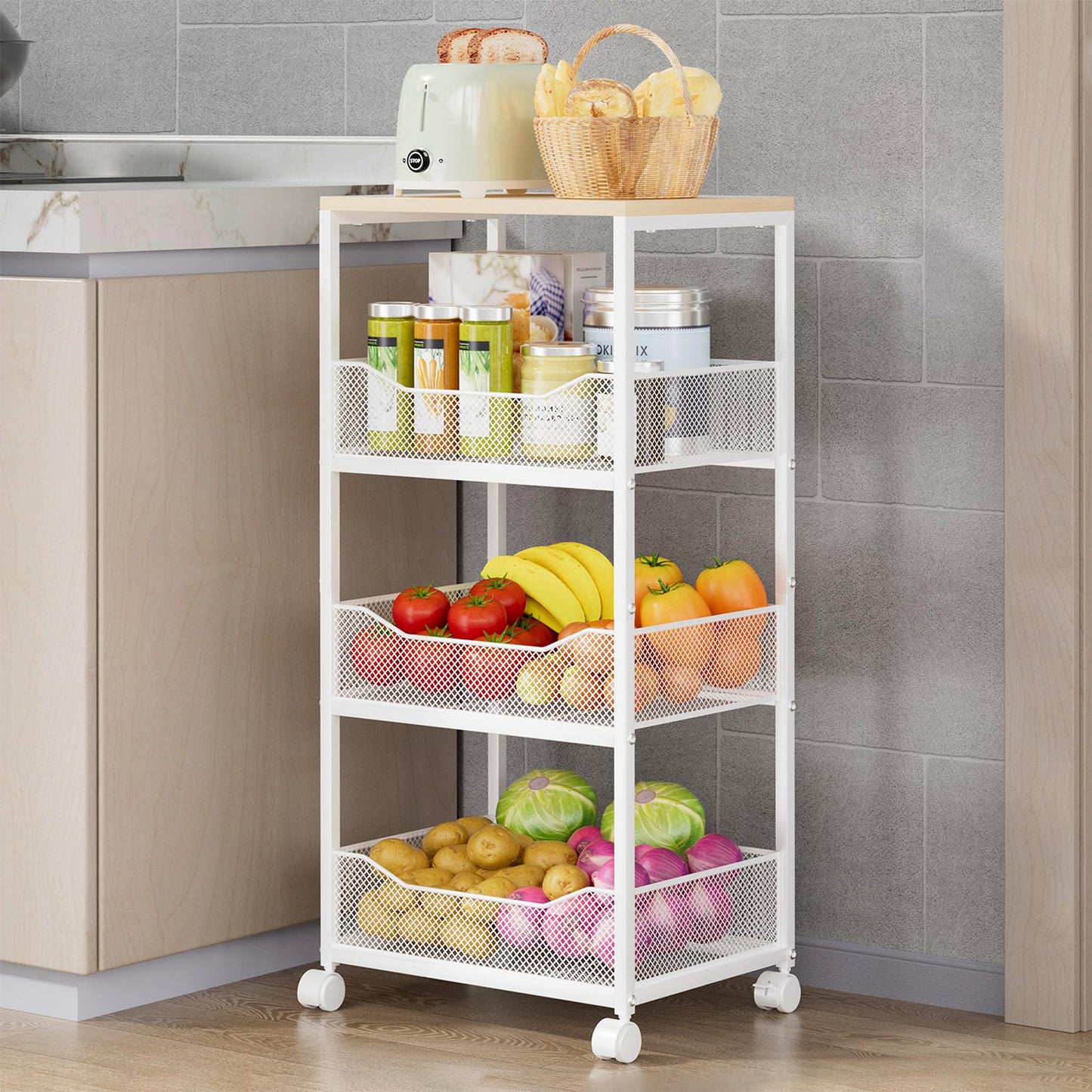 HapiRm Fruit Basket Kitchen Cart - 4-Tier Kitchen Storage Trolley on Wheels