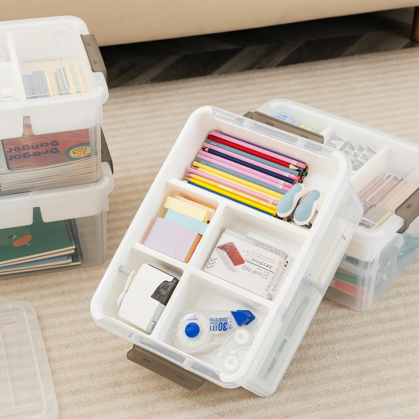 Citylife 4 Packs 16L Plastic Storage Boxes with Removable Tray Clear Plastic Box large Storage Box with Lid Stackable Storage Boxes for Organizing