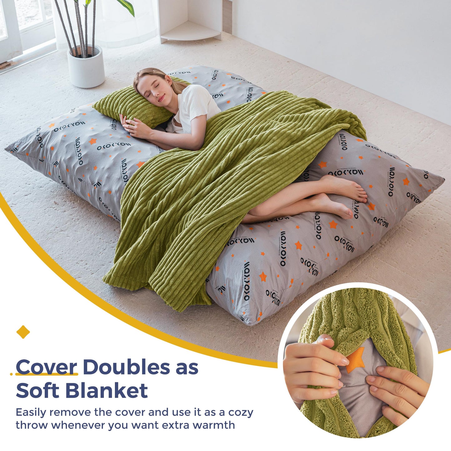 MAXYOYO Giant Bean Bag with Pillow, Soft Corduroy Removable Cover, Large Floor Cushion with Fluffy Foam Filling, BeanBag Chair for Adults & Kids